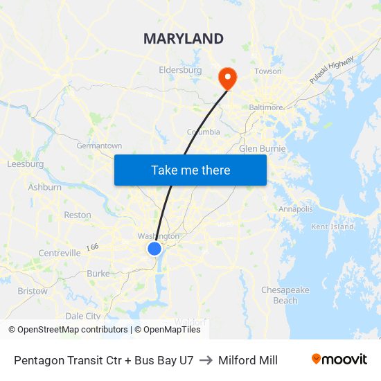 Pentagon Transit Ctr + Bus Bay U7 to Milford Mill map