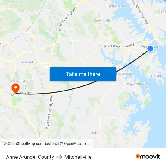 Anne Arundel County to Mitchellville map