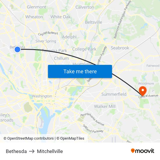 Bethesda to Mitchellville map