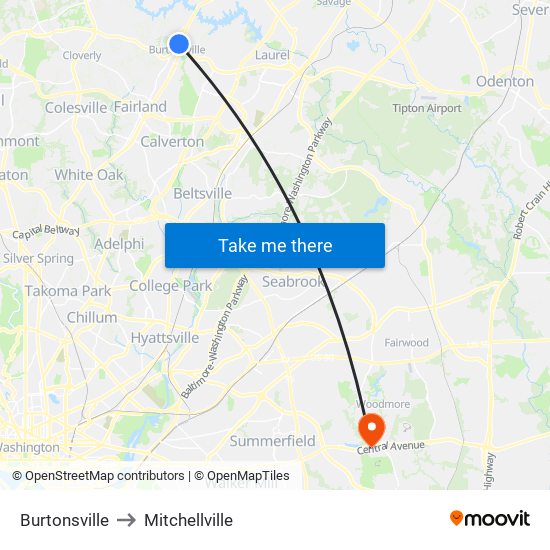 Burtonsville to Mitchellville map