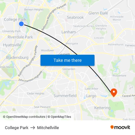 College Park to Mitchellville map