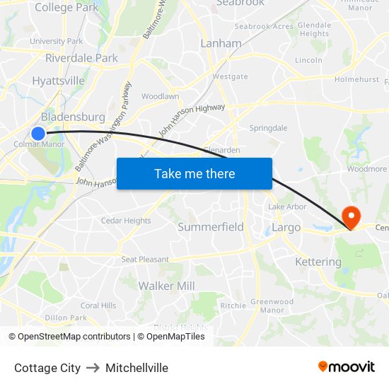 Cottage City to Mitchellville map