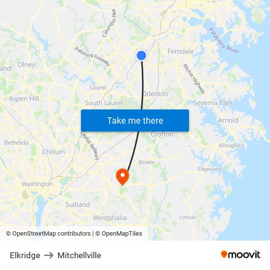 Elkridge to Mitchellville map