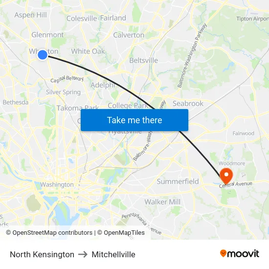 North Kensington to Mitchellville map