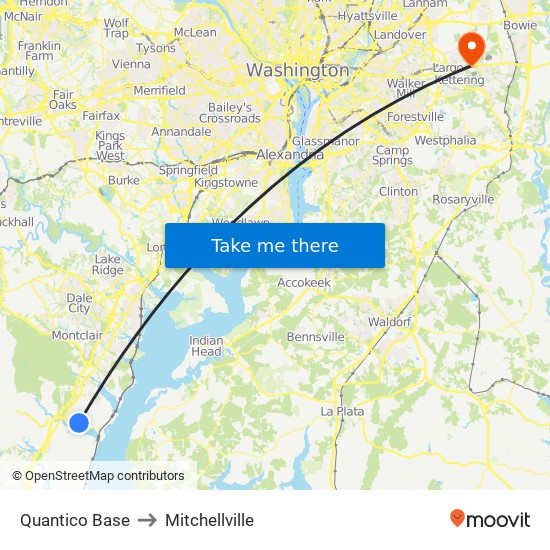 Quantico Base to Mitchellville map