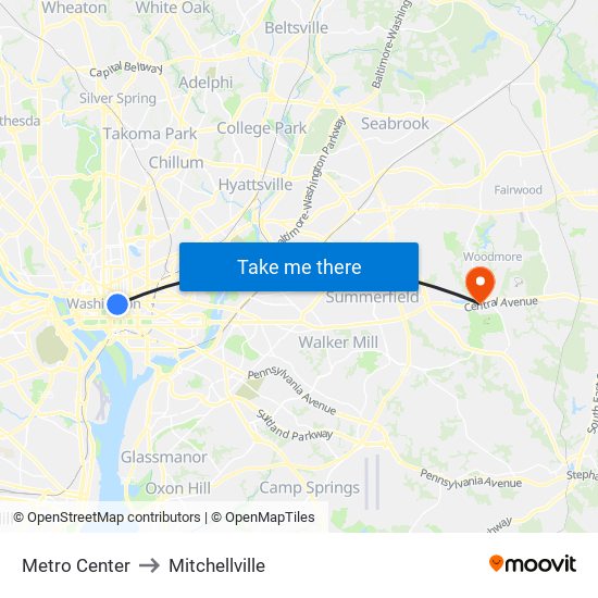 Metro Center to Mitchellville map