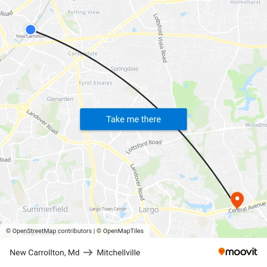 New Carrollton, Md to Mitchellville map