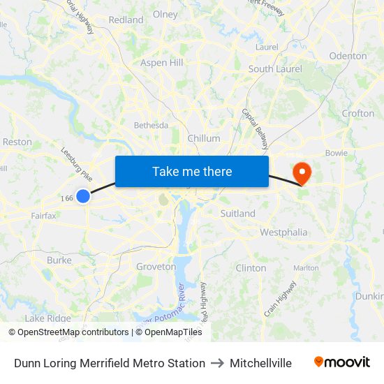 Dunn Loring Merrifield Metro Station to Mitchellville map