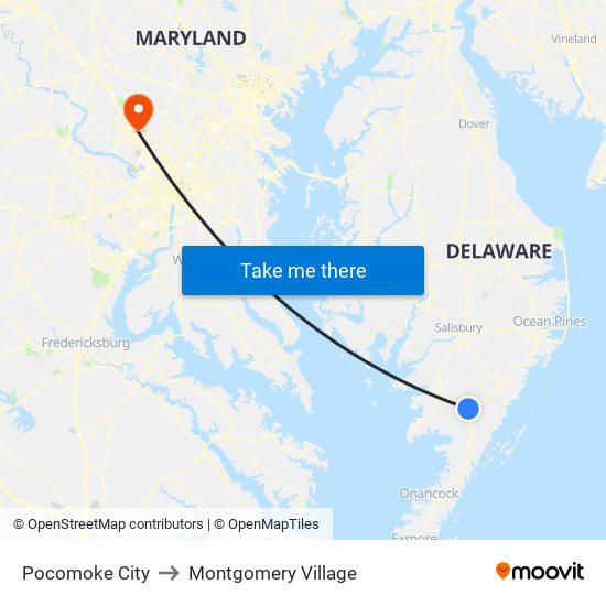 Pocomoke City to Montgomery Village map