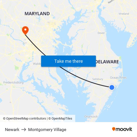 Newark to Montgomery Village map