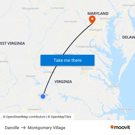 Danville to Montgomery Village map