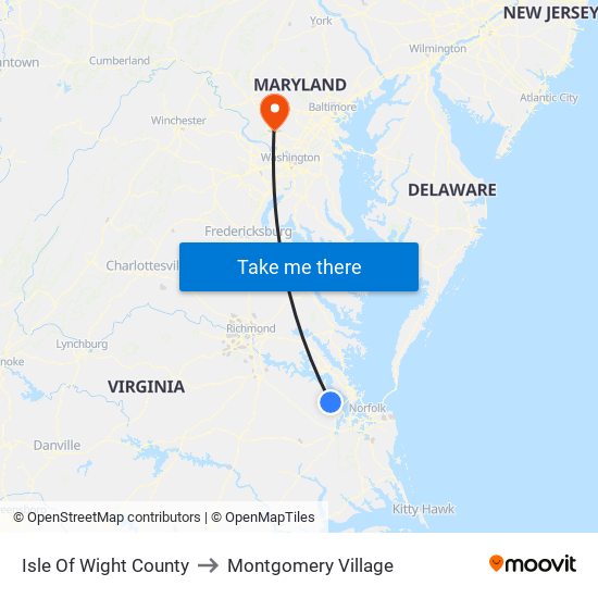 Isle Of Wight County to Montgomery Village map