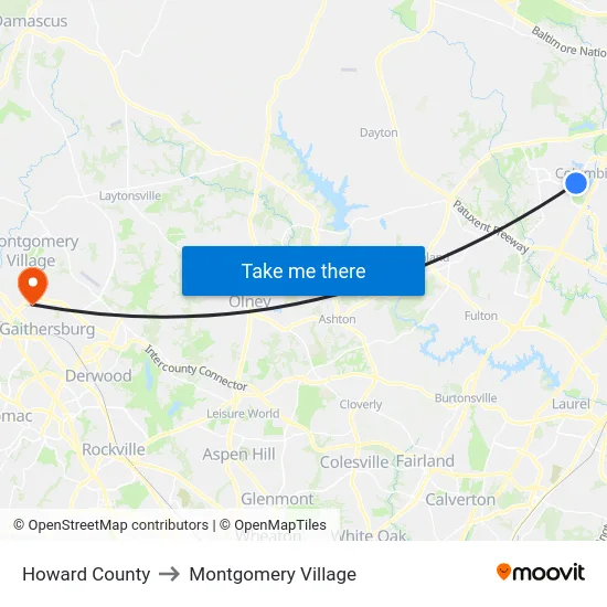 Howard County to Montgomery Village map