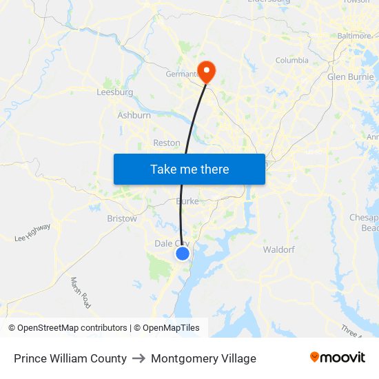 Prince William County to Montgomery Village map