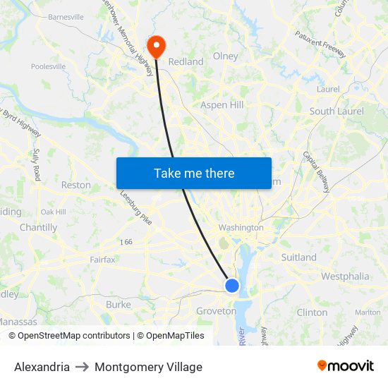 Alexandria to Montgomery Village map