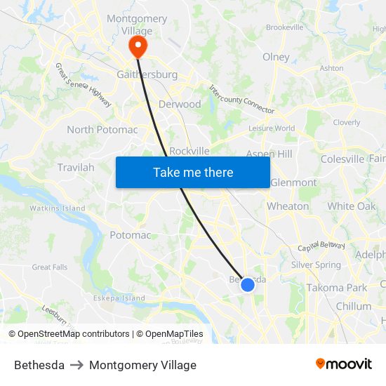 Bethesda to Montgomery Village map