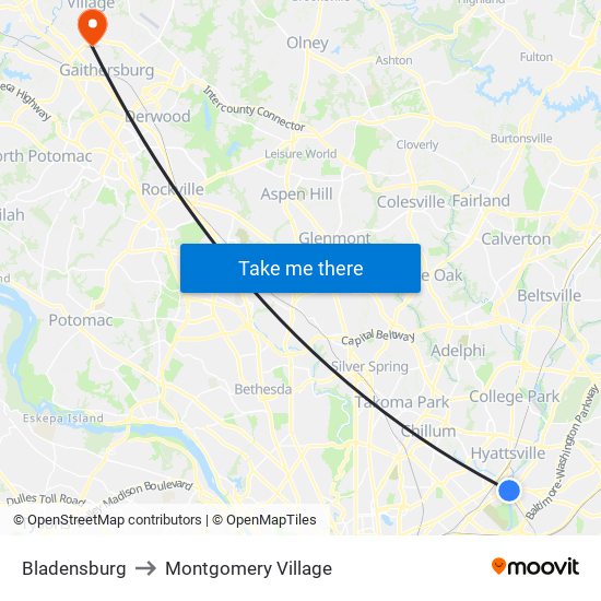 Bladensburg to Montgomery Village map