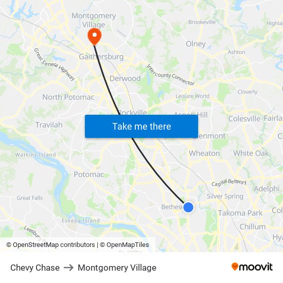 Chevy Chase to Montgomery Village map