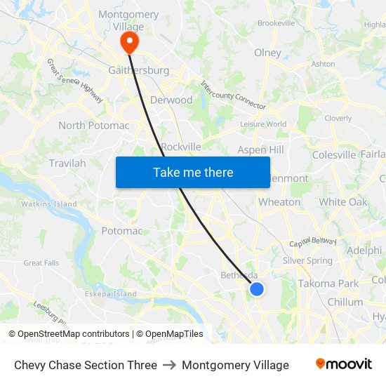 Chevy Chase Section Three to Montgomery Village map