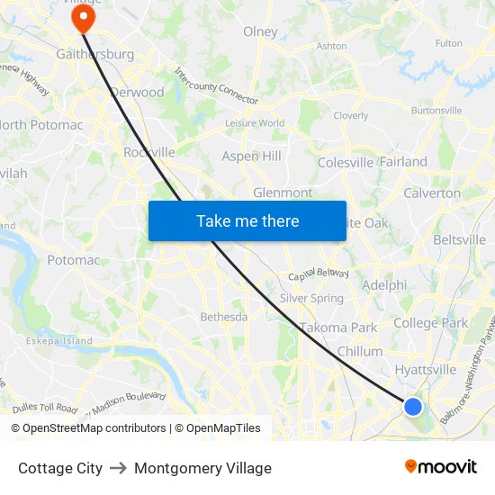 Cottage City to Montgomery Village map