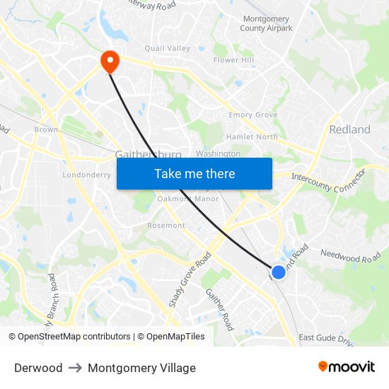 Derwood to Montgomery Village map