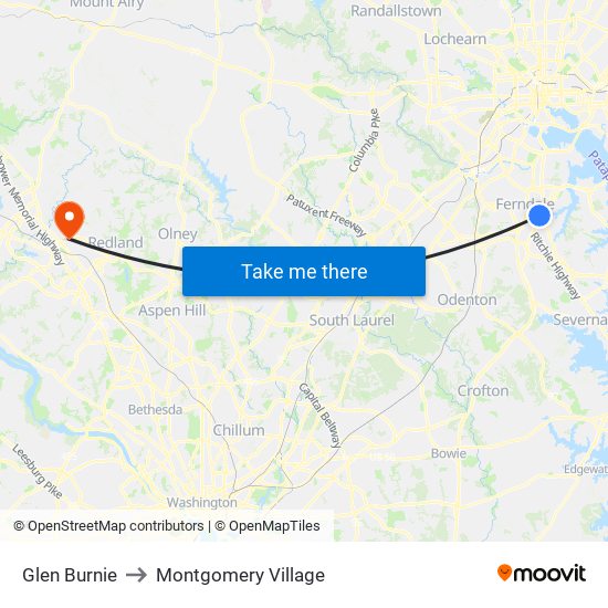Glen Burnie to Montgomery Village map