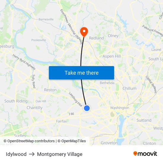 Idylwood to Montgomery Village map