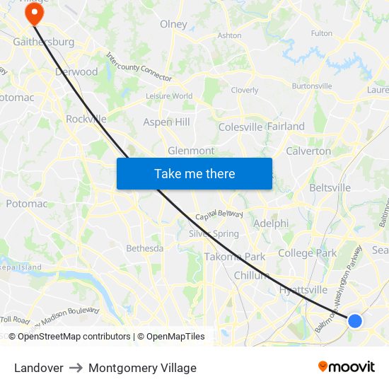 Landover to Montgomery Village map