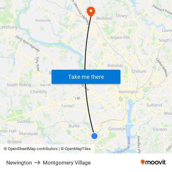 Newington to Montgomery Village map