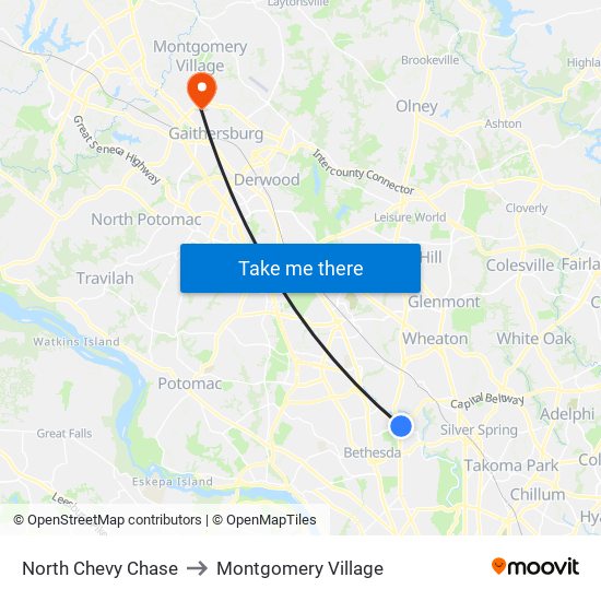 North Chevy Chase to Montgomery Village map