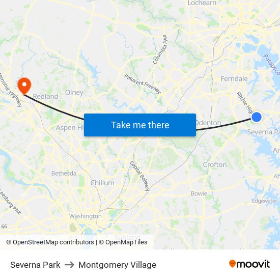 Severna Park to Montgomery Village map