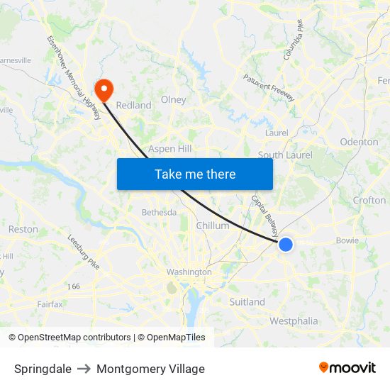 Springdale to Montgomery Village map