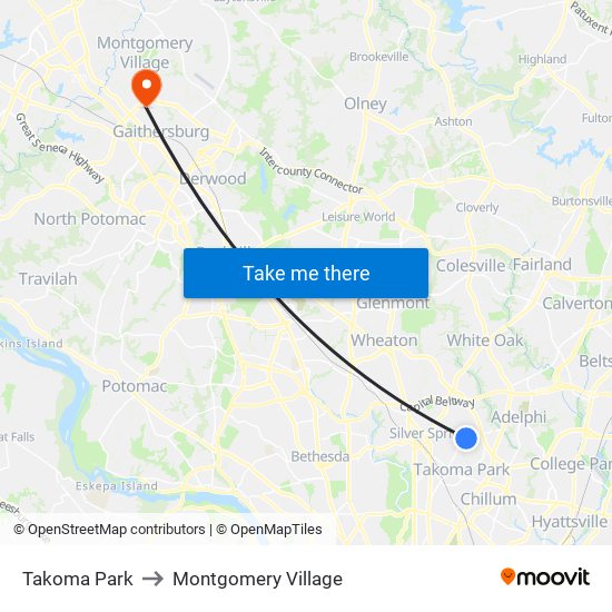 Takoma Park to Montgomery Village map