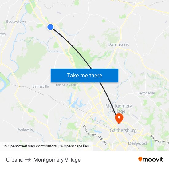 Urbana to Montgomery Village map