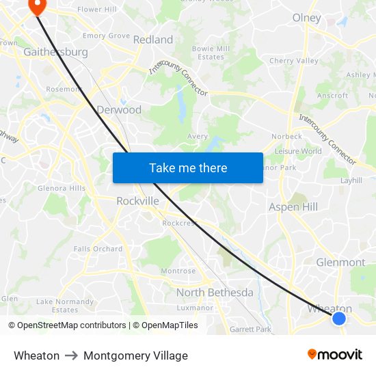 Wheaton to Montgomery Village map