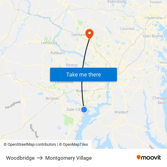 Woodbridge to Montgomery Village map