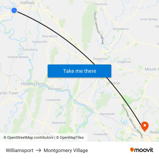 Williamsport to Montgomery Village map