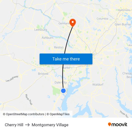 Cherry Hill to Montgomery Village map