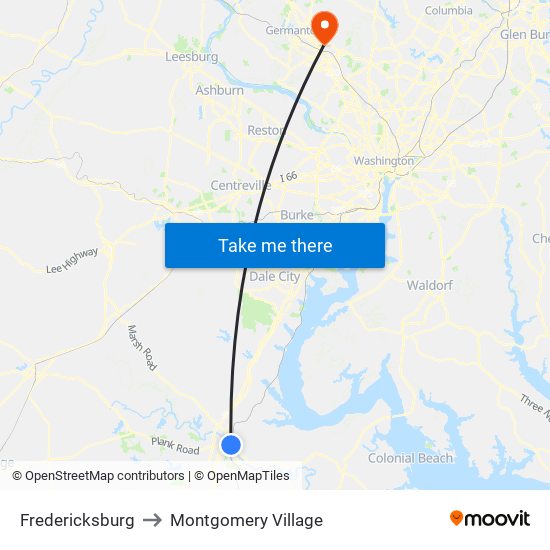 Fredericksburg to Montgomery Village map