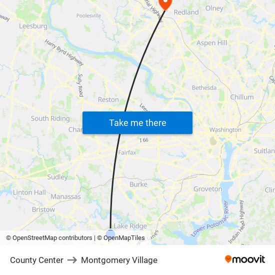 County Center to Montgomery Village map