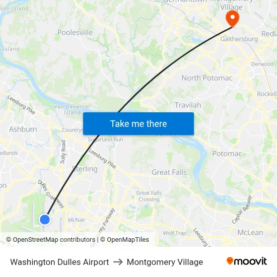 Washington Dulles Airport to Montgomery Village map