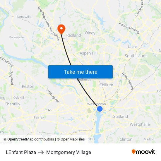 L'Enfant Plaza to Montgomery Village map