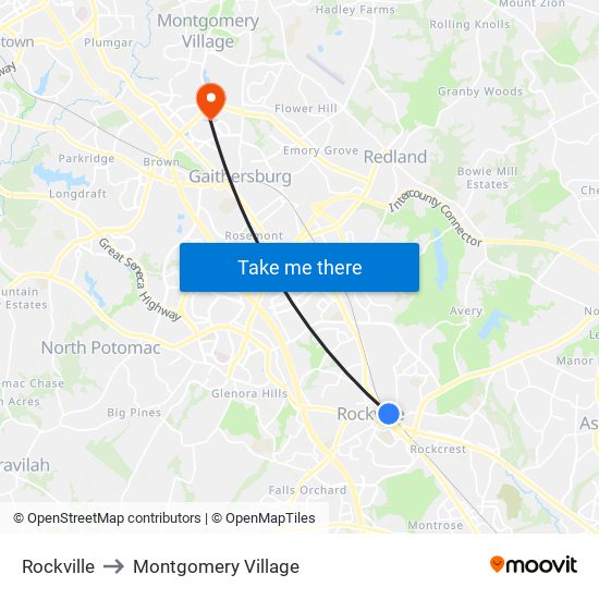 Rockville to Montgomery Village map