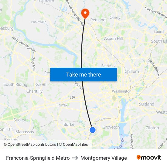 Franconia-Springfield Metro to Montgomery Village map