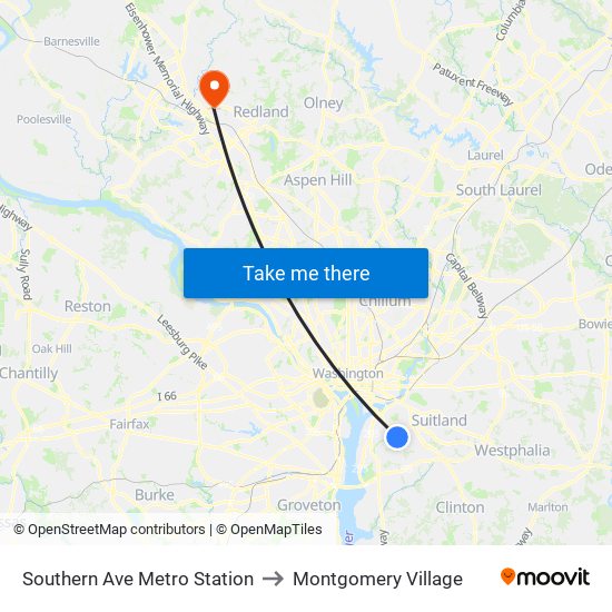 Southern Ave Metro Station to Montgomery Village map