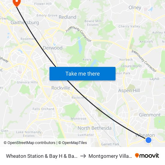 Wheaton Station  & Bay H & Bay K to Montgomery Village map