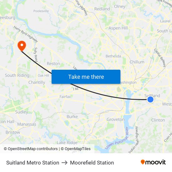 Suitland Metro Station to Moorefield Station map