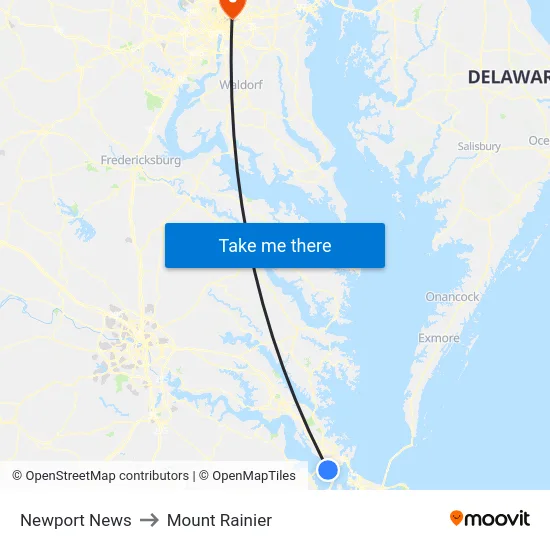 Newport News to Mount Rainier map