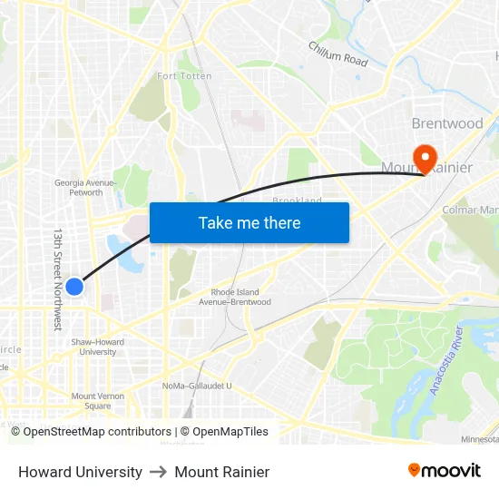 Howard University to Mount Rainier map