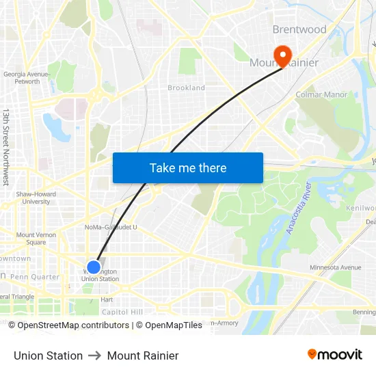 Union Station to Mount Rainier map